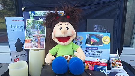 Eine Handpuppe und weitere Bestandteile eines Trostkoffers des DRK Ravensburg.