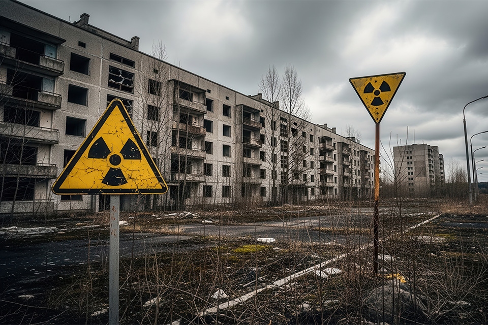 Ein zerstörtes Haus, vor dem ein Schild "Radioaktivität" steht